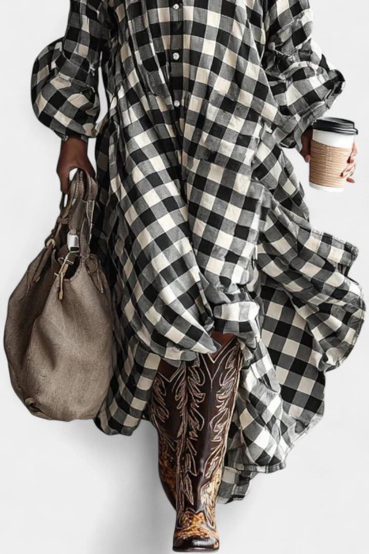 Fluid Cut Jett Black and White Checkered Shirt Dress