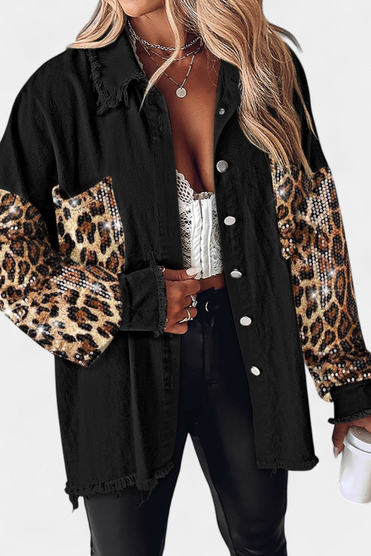 Birgit Oversized Jean Jacket with Frayed Hem and Sequin Accents