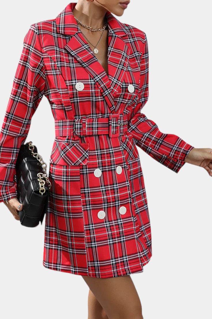 Checkered Tailored Dress with Lapels and Belt by Maddy