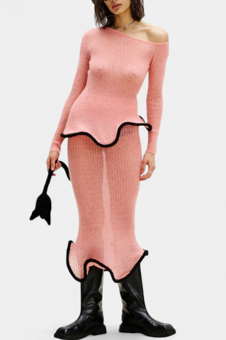 Stormi Asymmetrical Knit Set with Ruffled Trim and Shimmering Midi Skirt