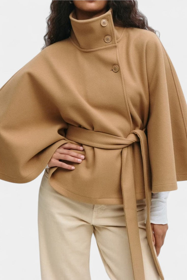 High-Collar Silke Wool Cape Coat with Belted Waist