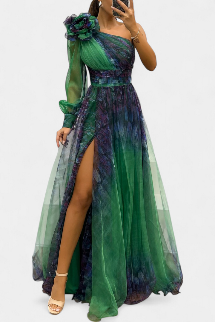 Becca Asymmetrical Chiffon Dress with Elegant Floral Detail