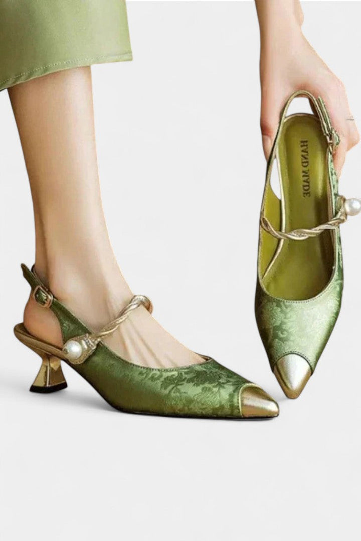 Beaded Strap Molette Mary Janes with Elegant Curved Kitten Heel