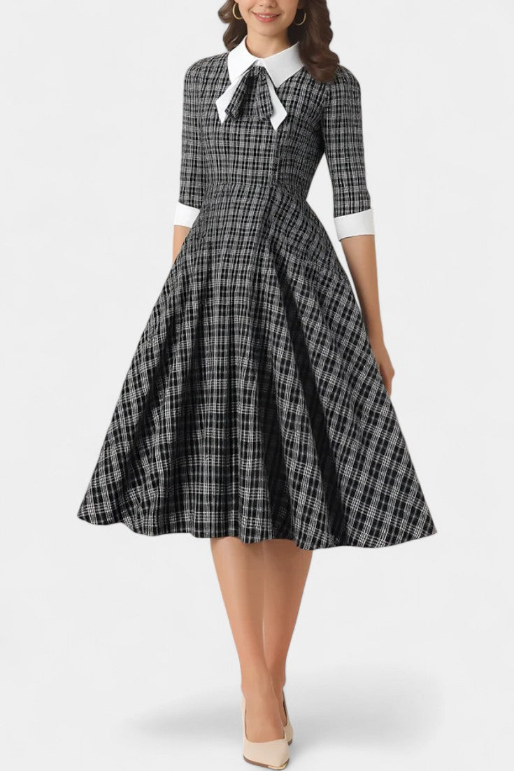 Natacha Checkered Midi Dress with Flared Hem, Collar, and Bow Detail