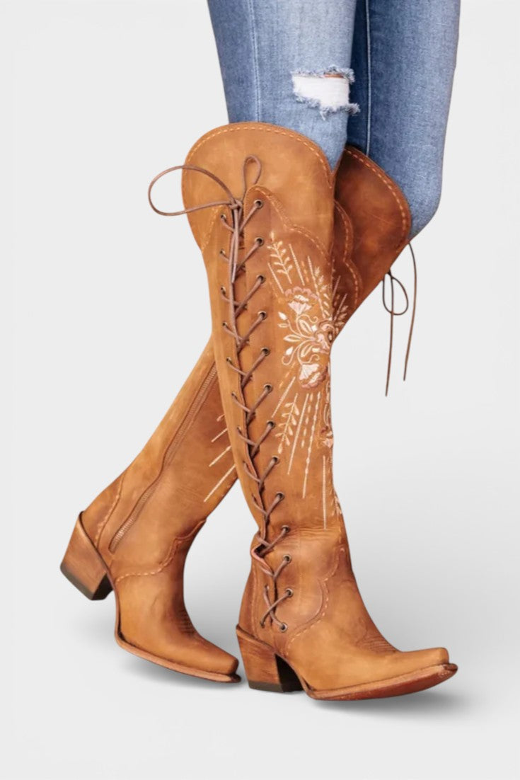 Antonine Vintage Western Lace-Up Boots with Embroidery