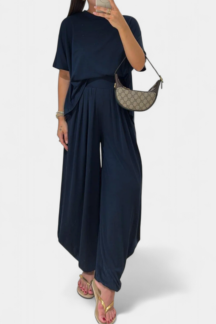 Trista Minimalist Modal Ensemble: Straight Top & Wide-Leg Pants