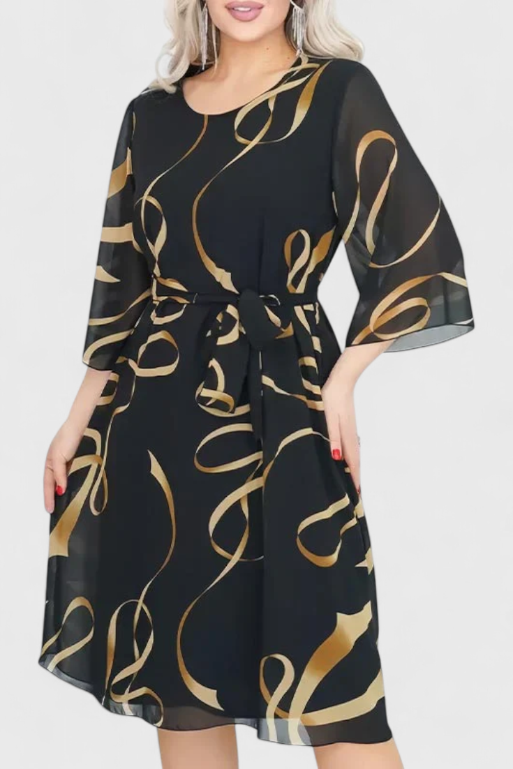 Abstract Print Midi Dress with Adjustable Belt by Ame