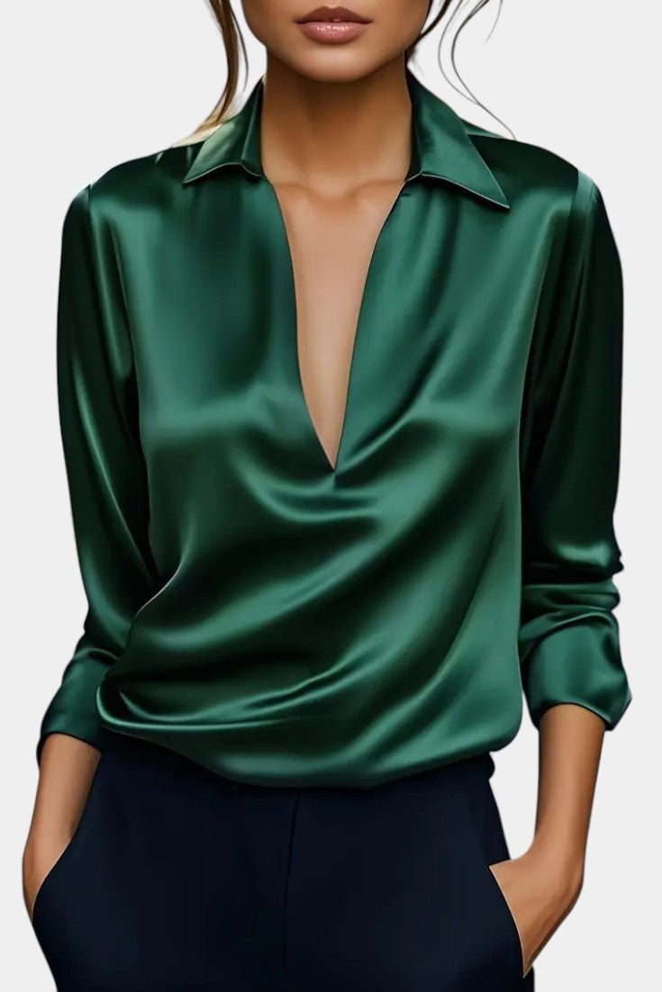Plunging Neckline Aline Silver Satin Blouse