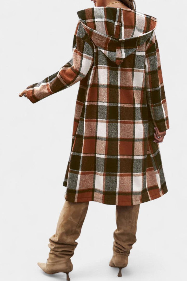 Sandrine Hooded Jacket with Button Closure in Brushed Check Design