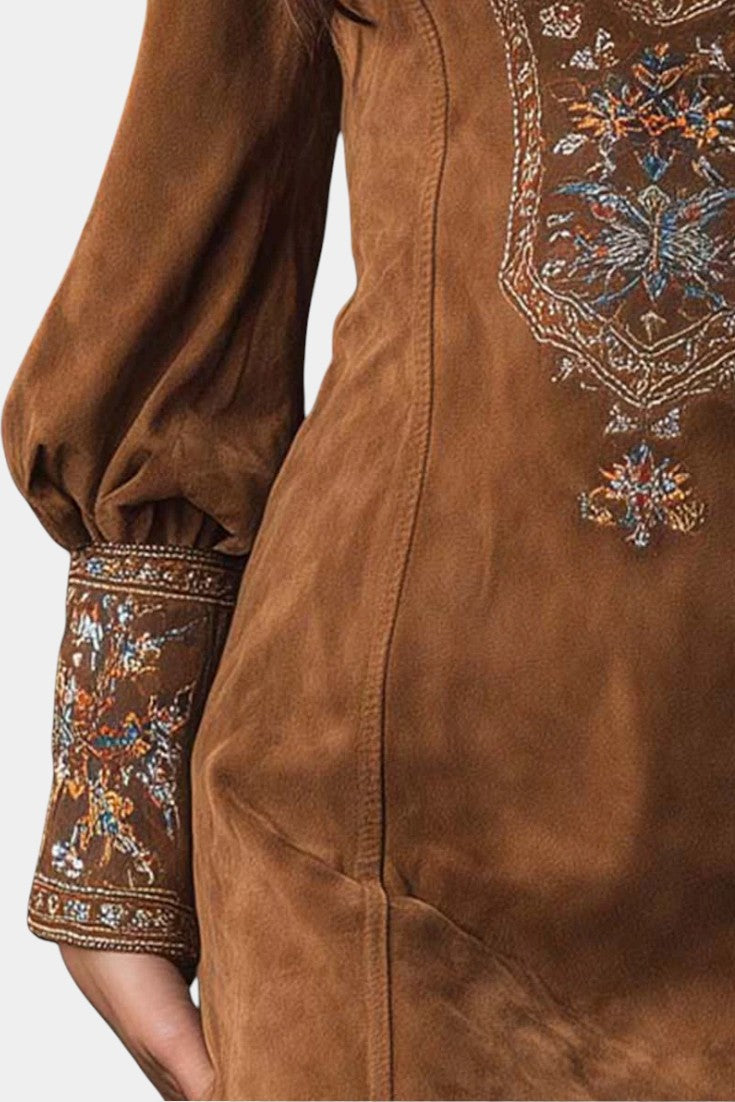 Embroidered Suede Anceline Mini Dress with a Vintage Flair