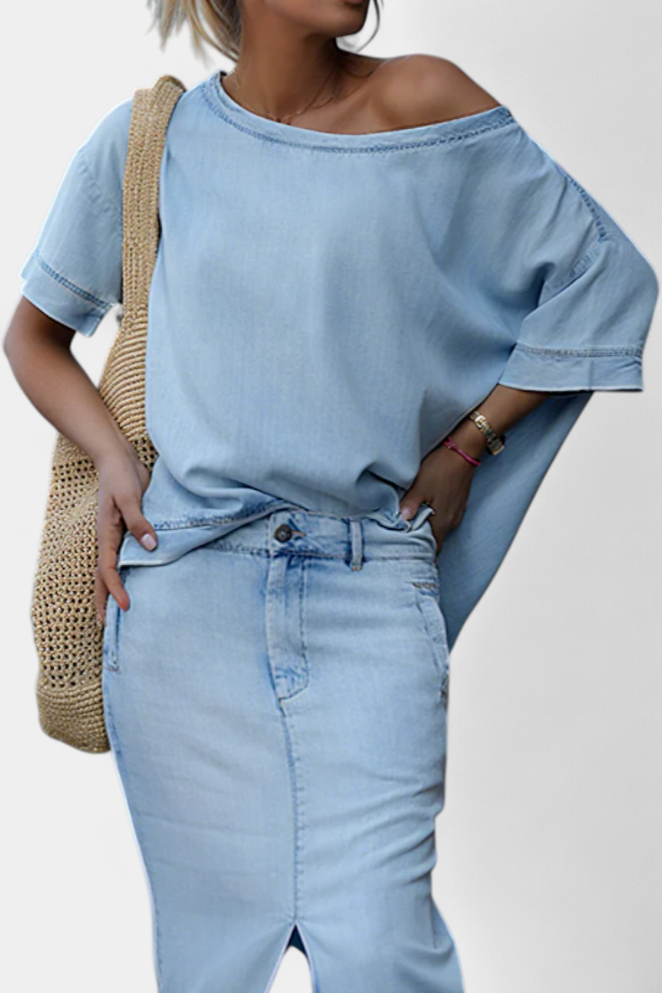 Apolonia Asymmetrical Denim Set with Long Skirt