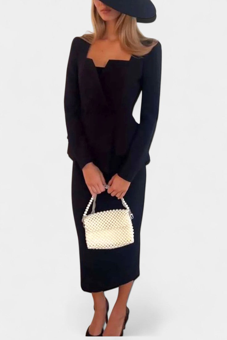 Ediline Blazer Set with Square Collar and Flowing Long Skirt