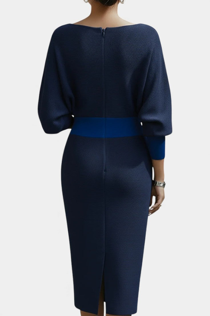 Marjolaine Midi Dress with Batwing Sleeves and Draped Design