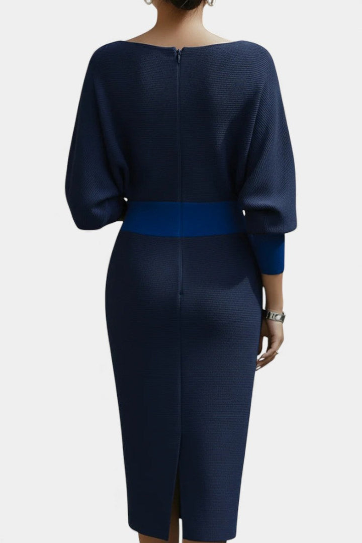 Marjolaine Midi Dress with Batwing Sleeves and Draped Design