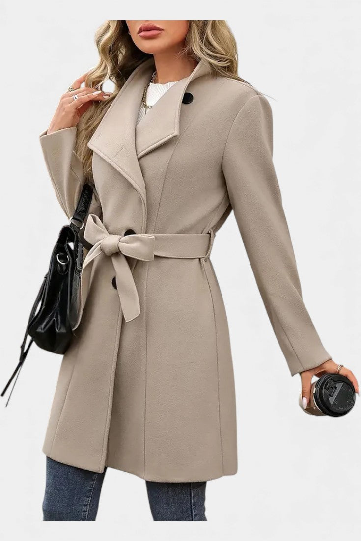 Yuliana Long Button-Up Coat with Adjustable Waist Tie