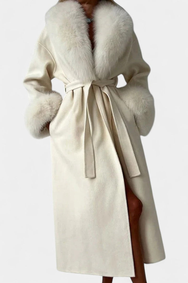 Lalie Long Coat with Faux Fur Trim and Belt