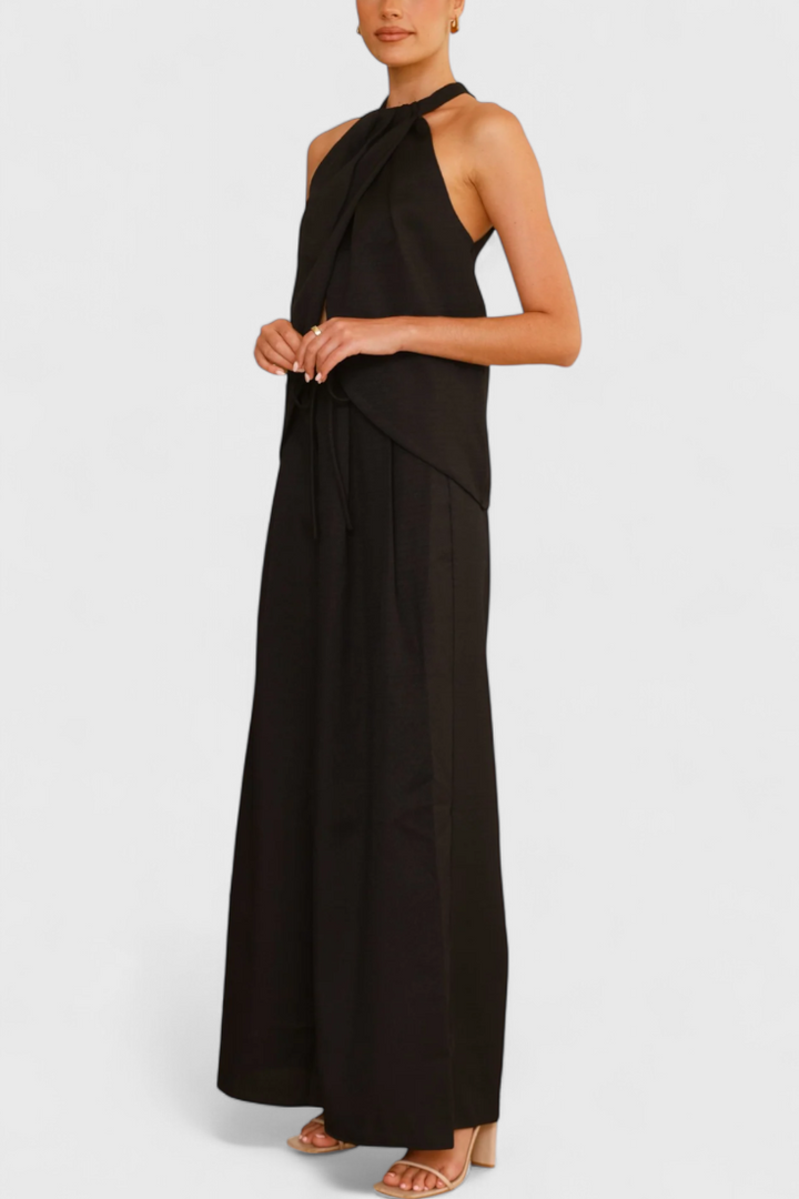 Bernadina Linen Ensemble: Front Neckline Top with Wide Leg Pants