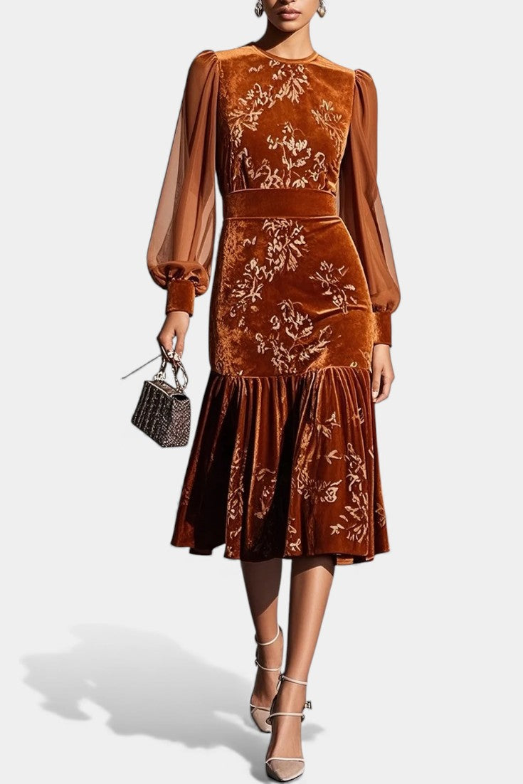 Mavluda Puff Sleeve Midi Mermaid Dress with Round Neck