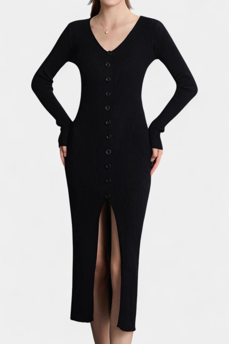 Nadège V-Neck Midi Knitted Dress with Chic Button Details