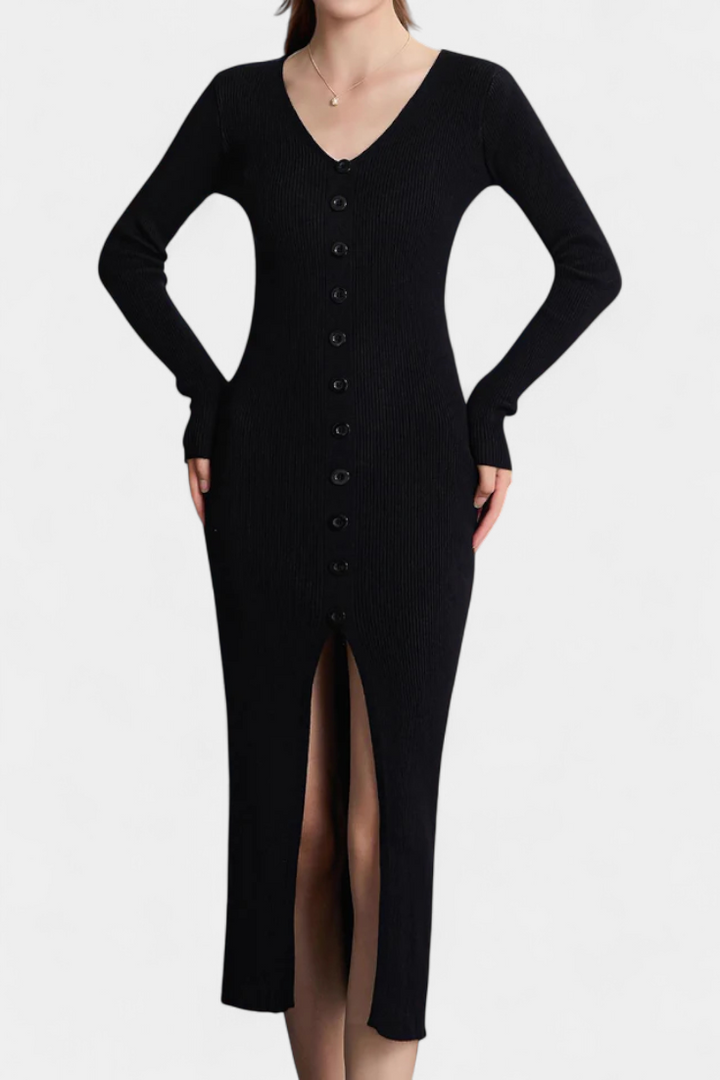 Nadège V-Neck Midi Knitted Dress with Chic Button Details