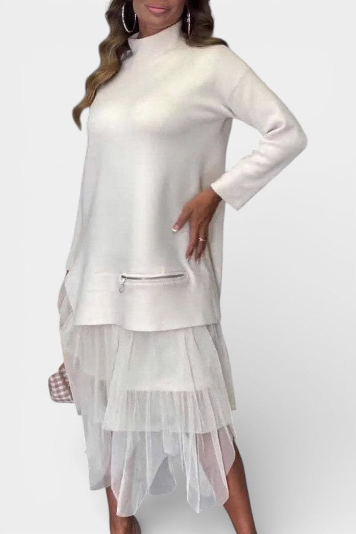 High Collar Fiorenza Knit and Tulle Dress