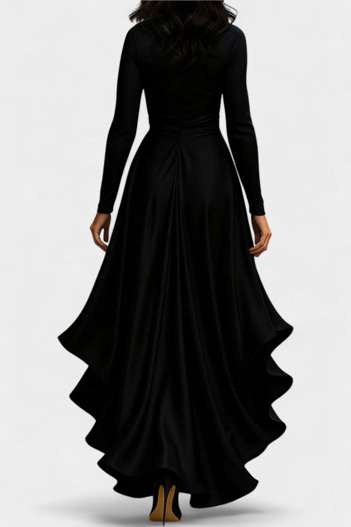 Isabeau Satin Dress Featuring Ruffled Hem and Adjustable Waist Belt