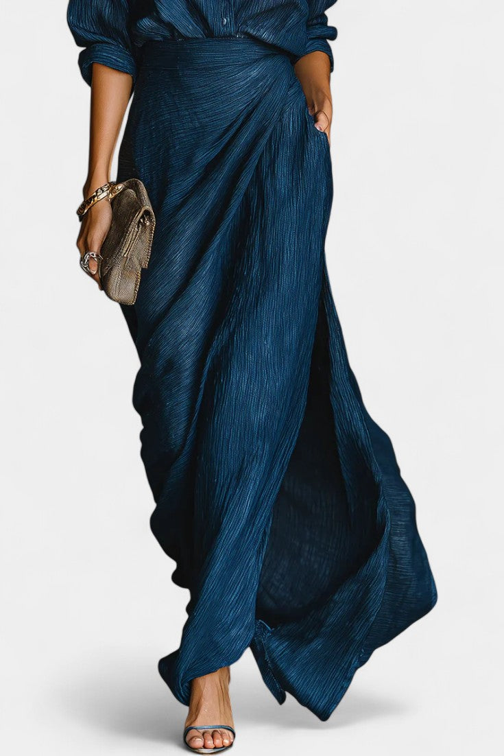 Ziya Dark Blue Outfit Featuring a Light Shirt and Elegant Flowing Maxi Skirt