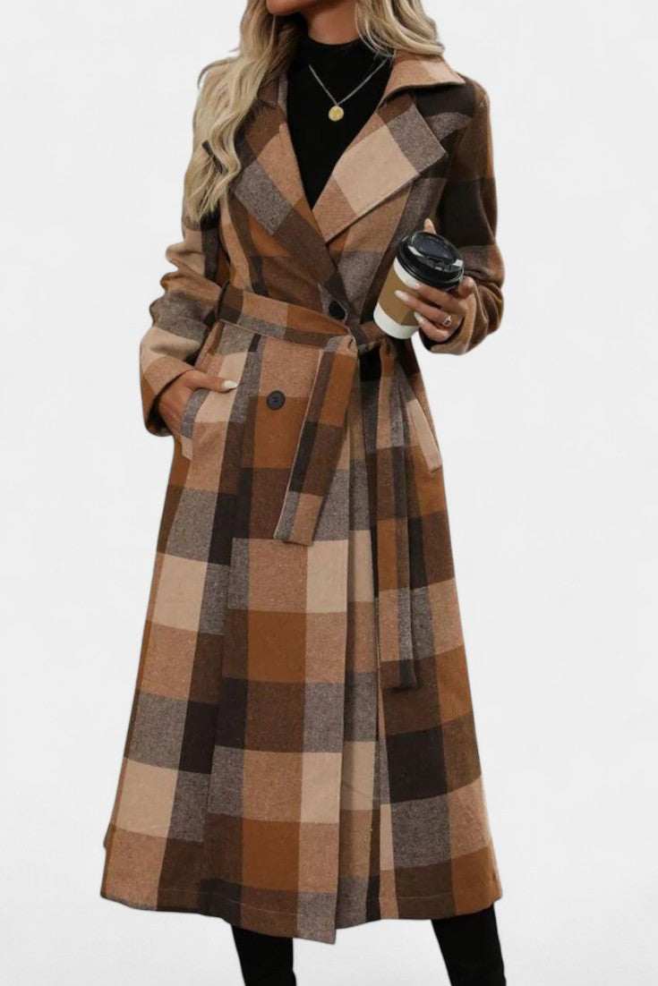 Mélissandre Long Plaid Double-Breasted Coat featuring Notched Collar