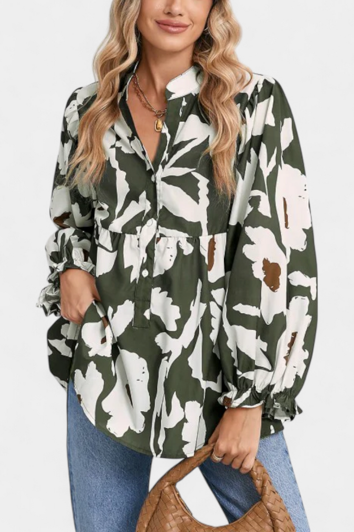 Filomena Relaxed Blouse with Puff Sleeves and Abstract Floral Design