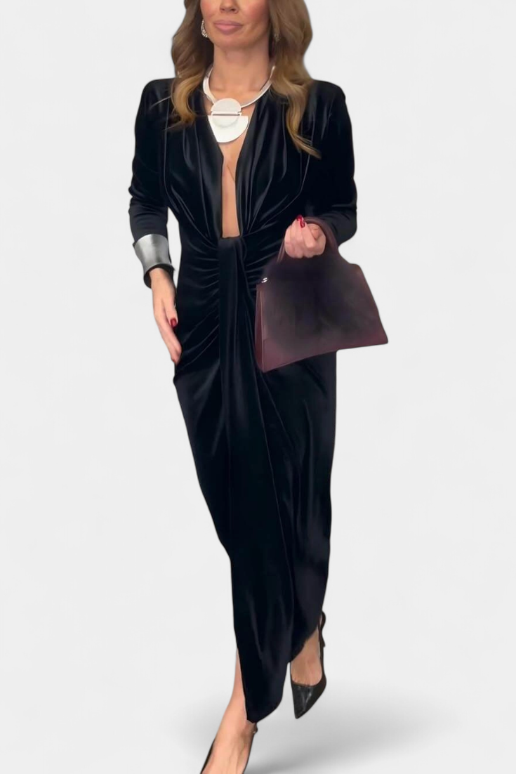 LaVerna Golden Robe with Deep V-Neckline and Front Slit