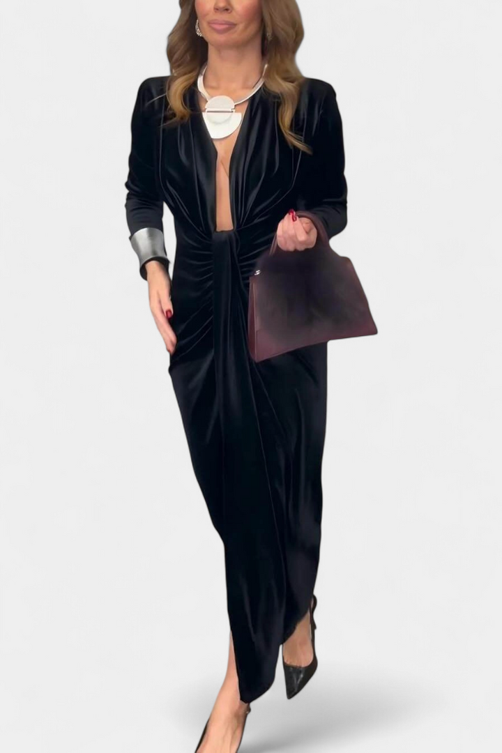 LaVerna Golden Robe with Deep V-Neckline and Front Slit