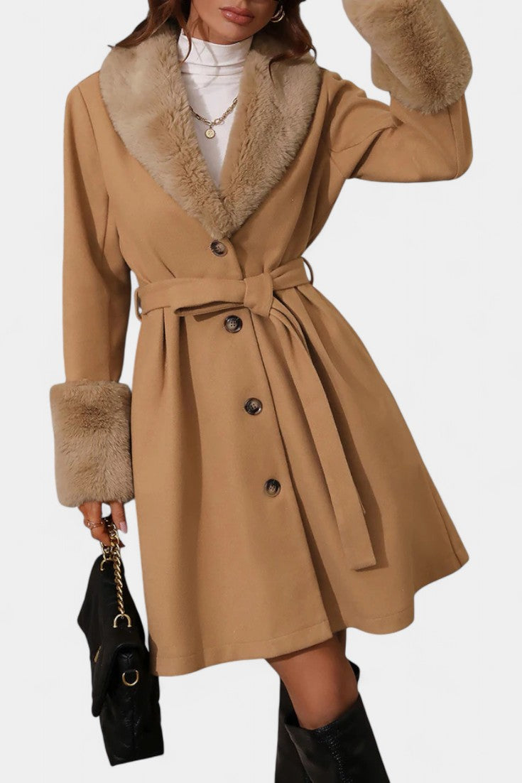 Colombine Trapeze Coat with Belt and Faux Fur Accents