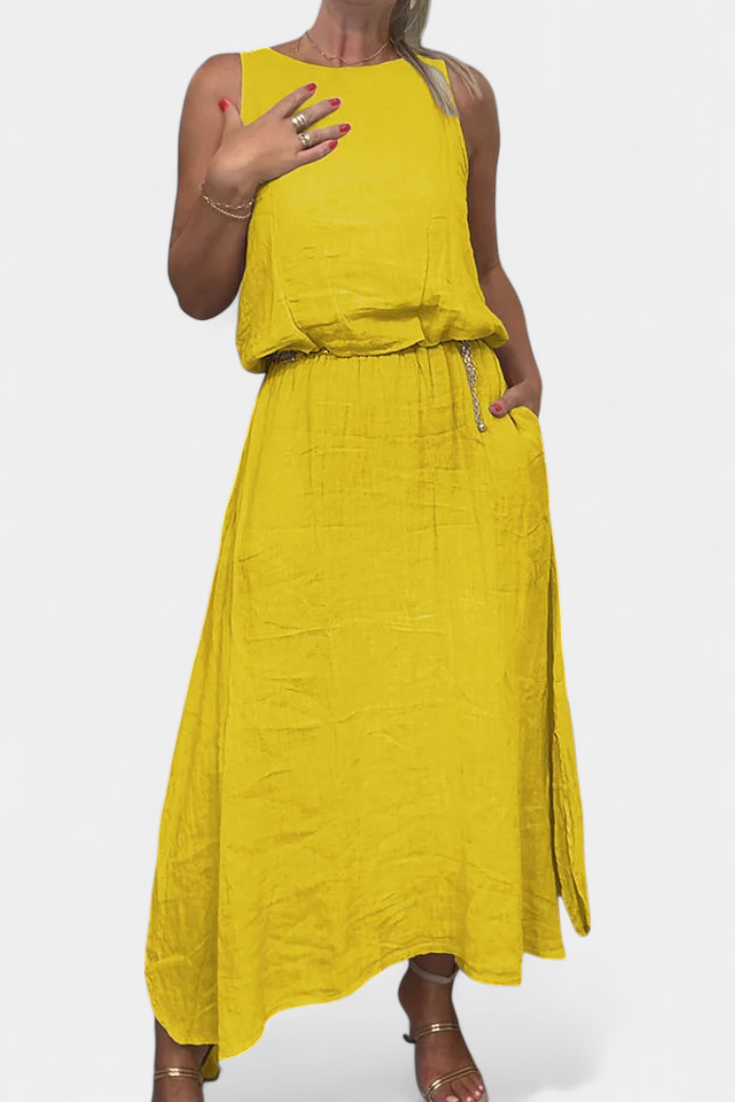 Meliora Linen-Cotton Set with Sleeveless Vest and Maxi Skirt