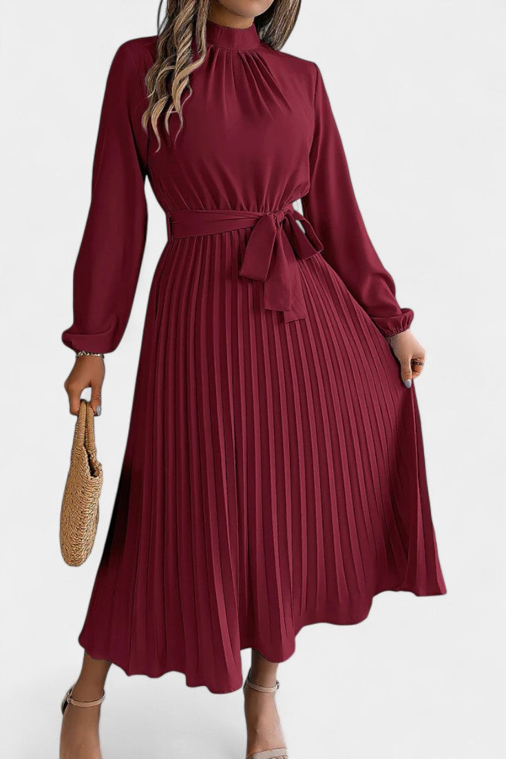 Morgane Pleated Dress Featuring a High Gathered Collar and Tied Waist
