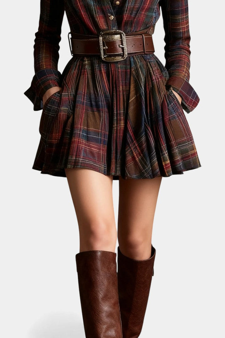 Bogdana Vintage-Inspired Mini Checkered Dress with Belt