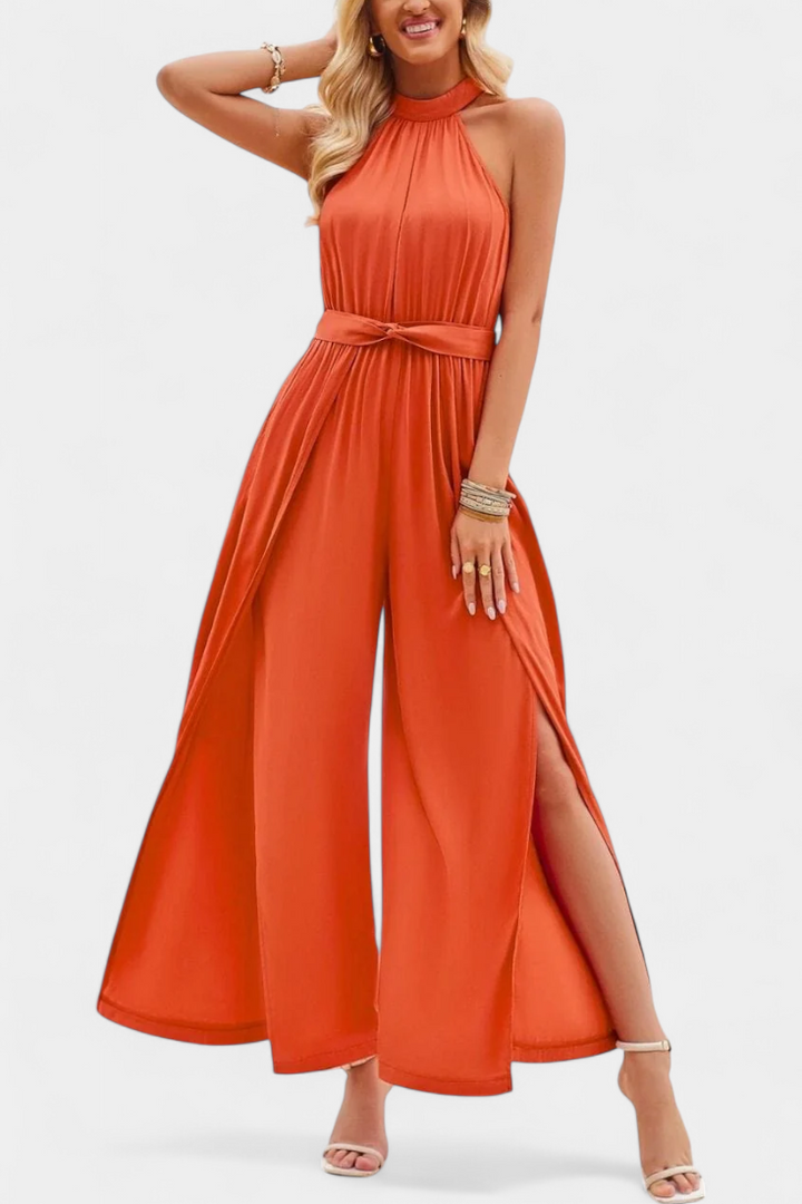 Asymmetrical One-Shoulder Jumpsuit with Bow Accent by Nyree