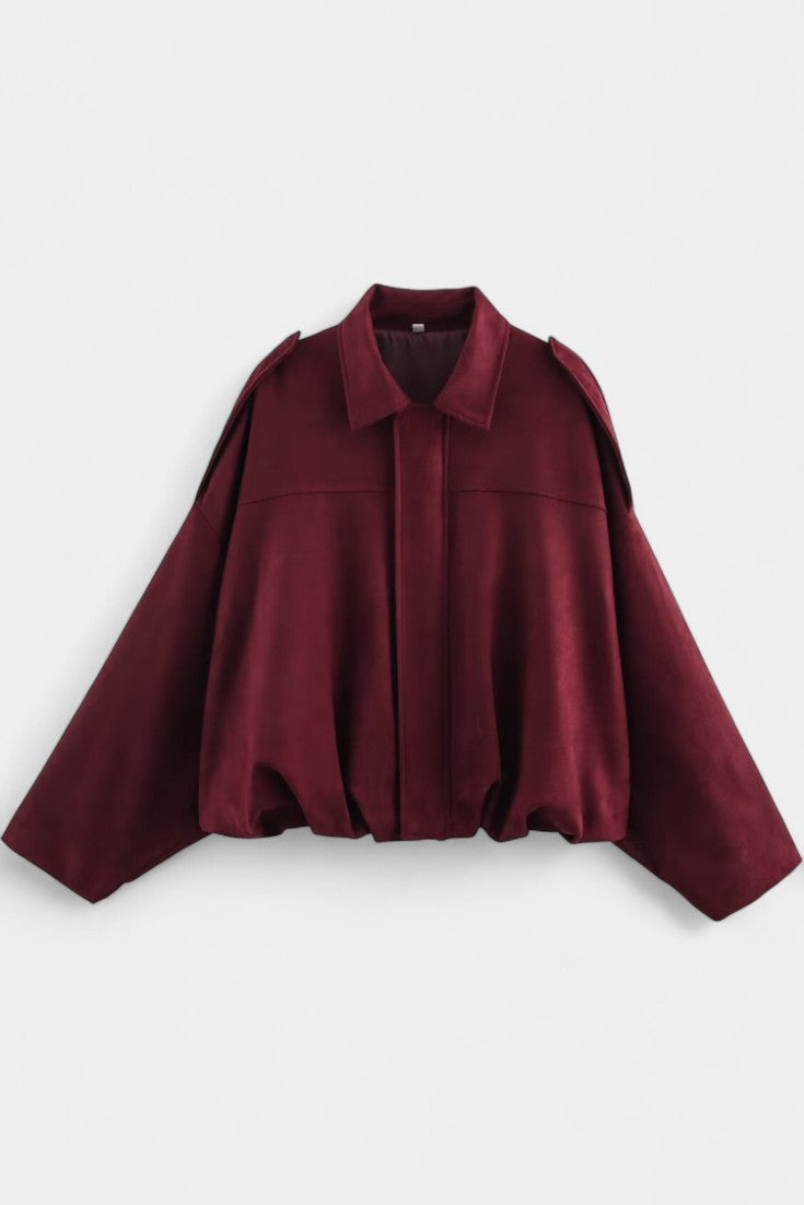 Monnie Suede Oversized Bomber Jacket with Structured Shoulders
