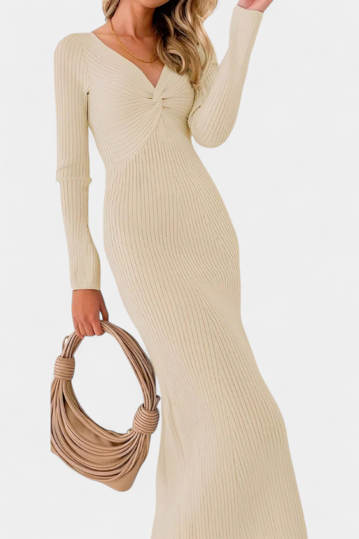 Mélusine Ruched V-Neck Long Sleeve Fitted Knit Dress