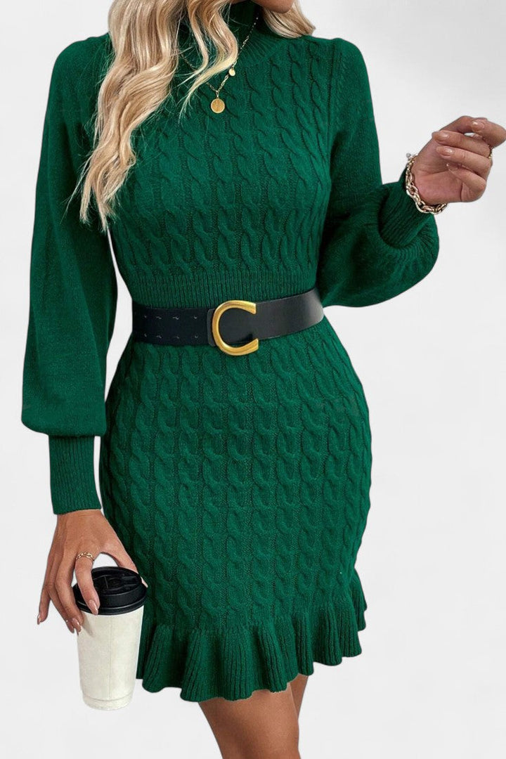 Eglantina High Neck Mini Bodycon Knit Dress with Ruffle Details