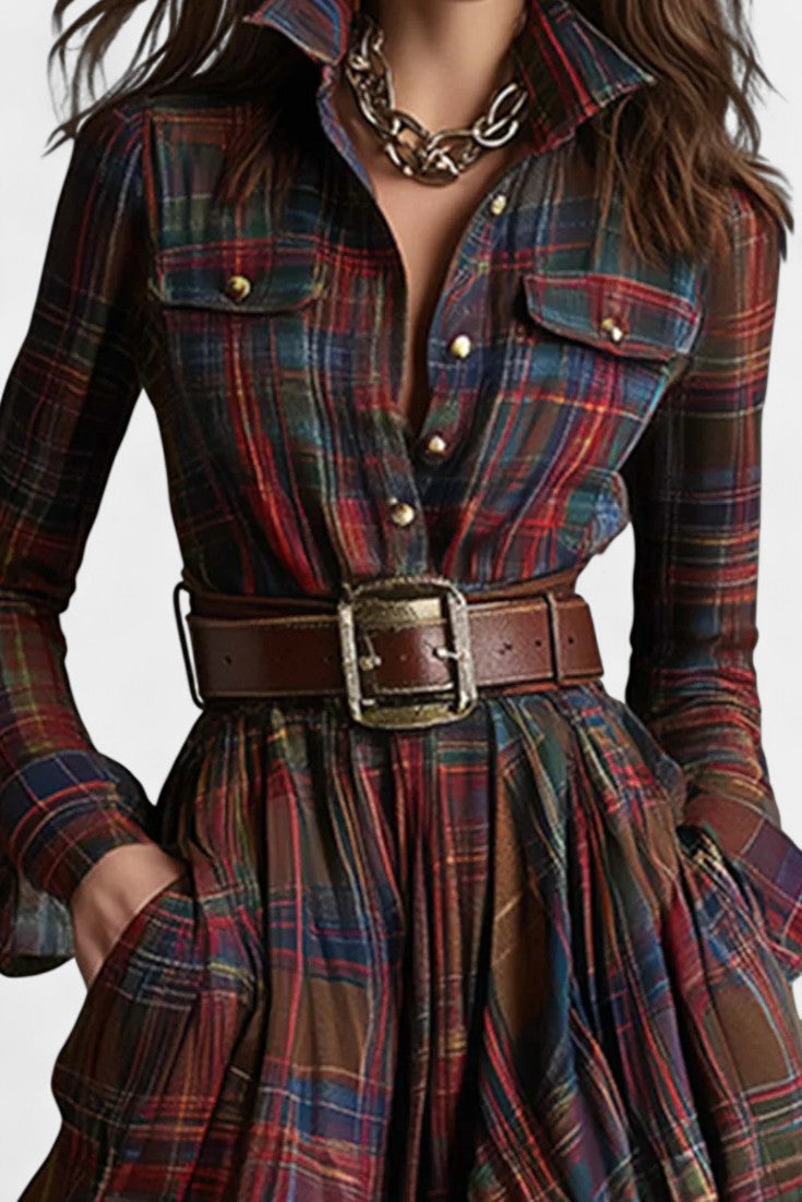 Eustelle Brown and Reddish Checkered Maxi Dress with Collar