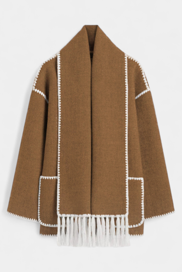 Pauline Coat Featuring Built-In Scarf and Flowing Design