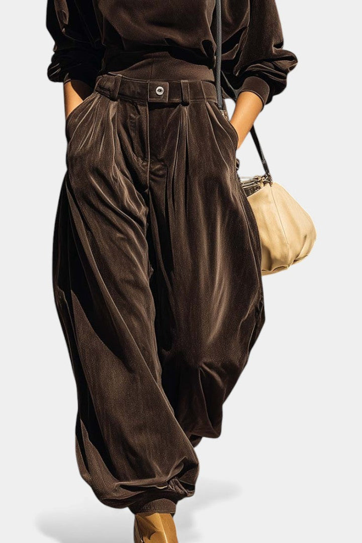 Riana Vintage Brown Velvet Hooded Ensemble with Relaxed Pants