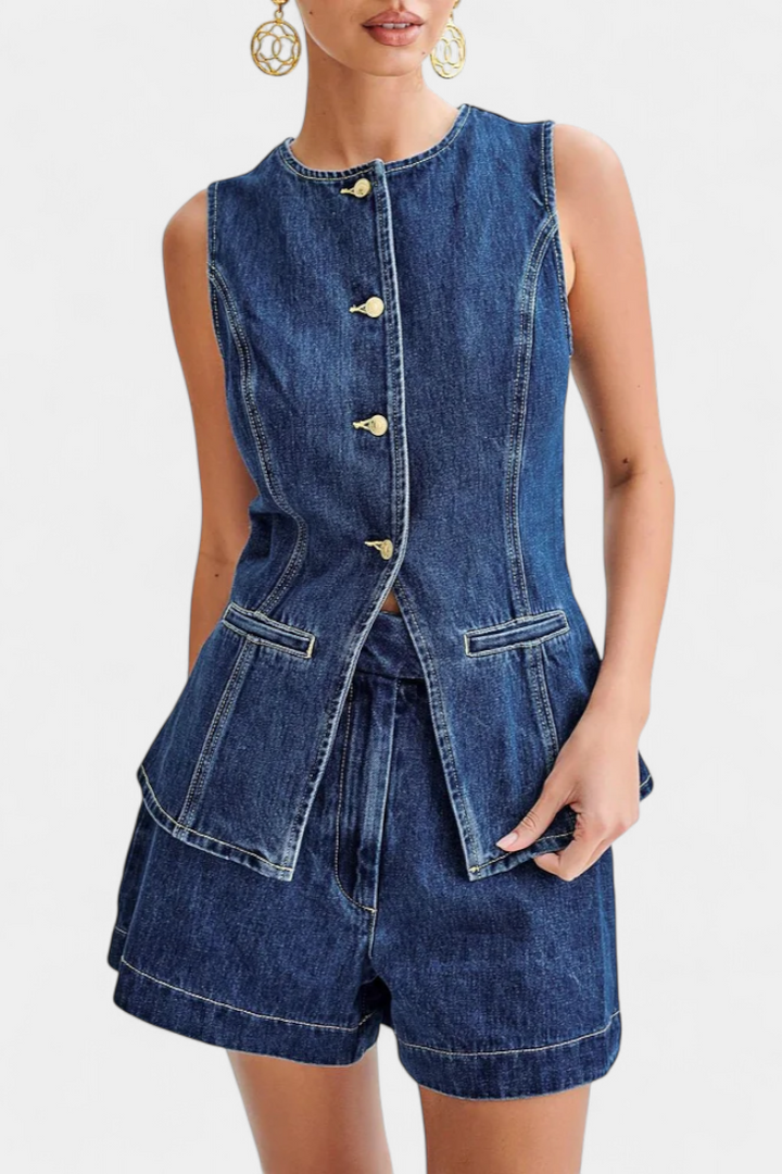 Raya Denim Ensemble: Sleeveless Jacket & High-Waisted Shorts