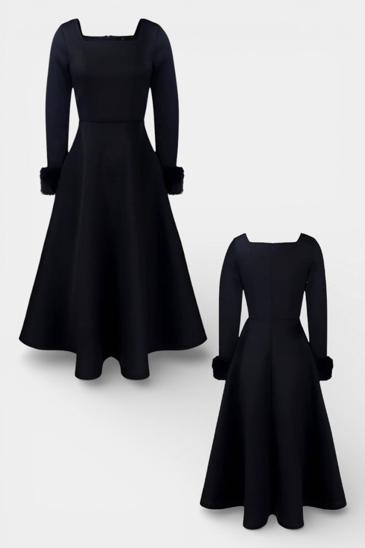 Alicia Square Neck Flared Dress with Patchwork Faux Fur Sleeves