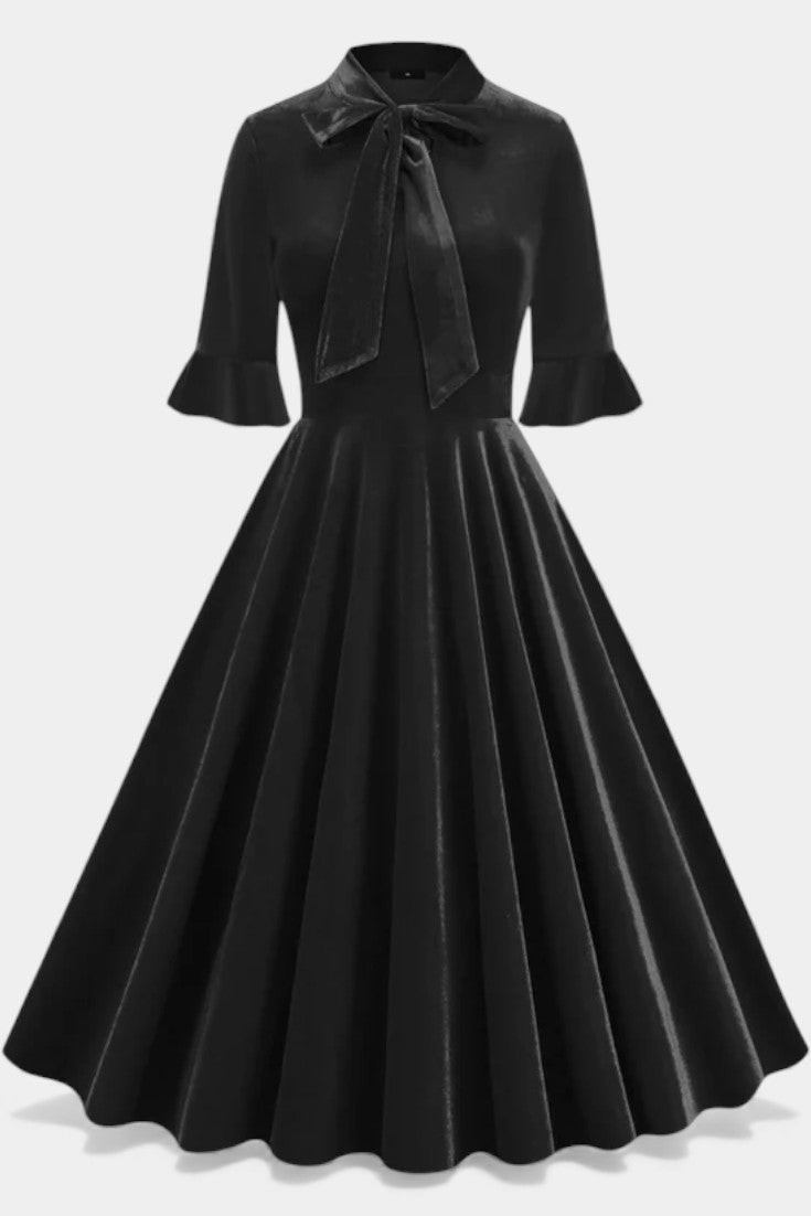 Domitille Vintage Midi Velvet Dress Featuring Ruffled Sleeves and a Chic Bow