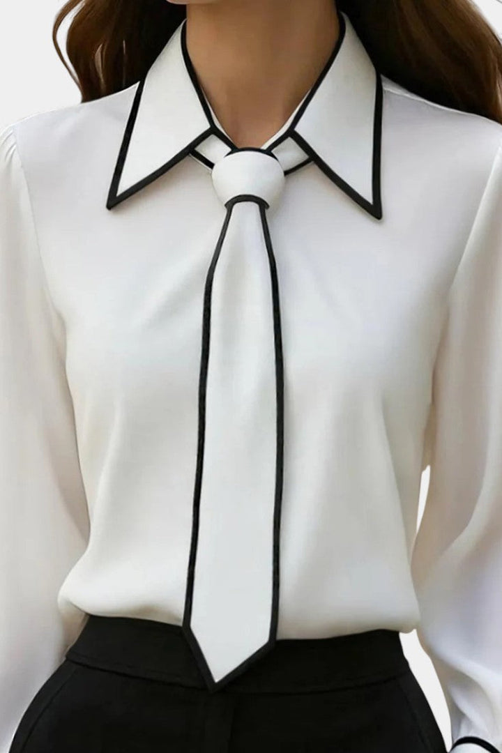 Ivory Maurine Blouse with Knotted Collar and Contrasting Details