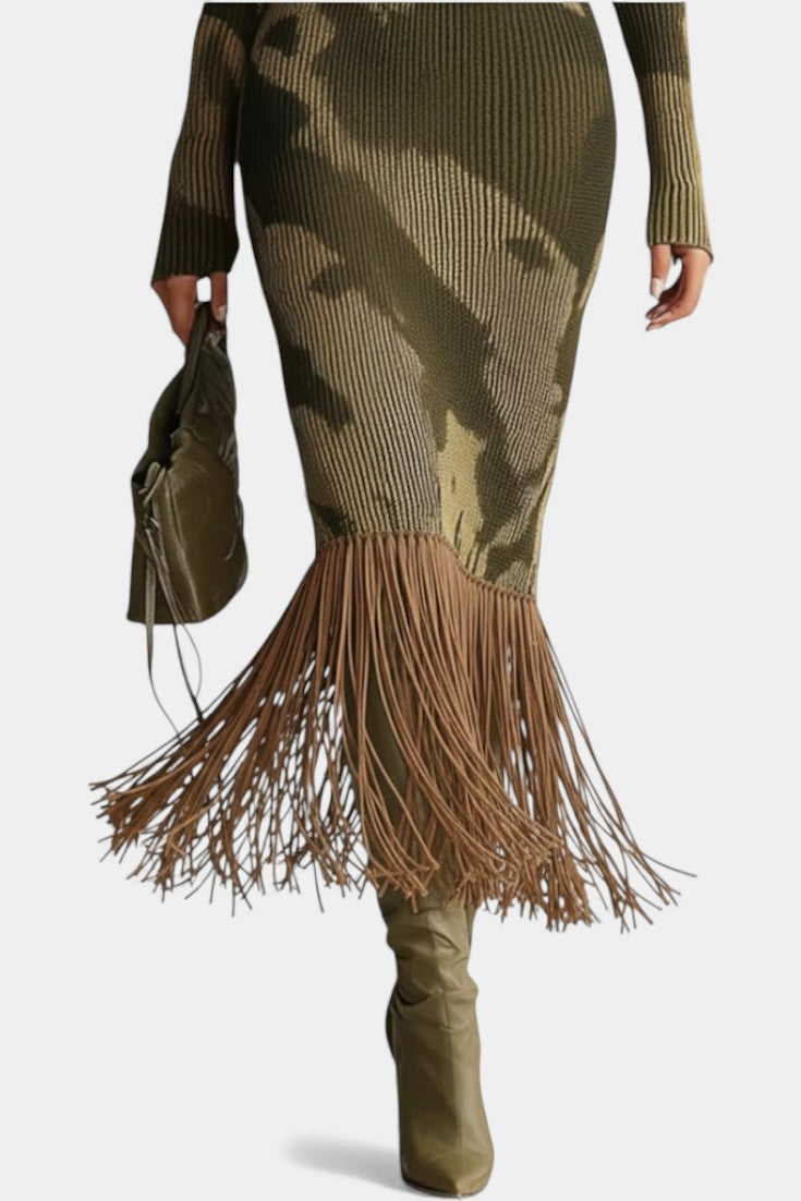 Neele Olive Camouflage Textured Fringe Midi Dress with V-Neck
