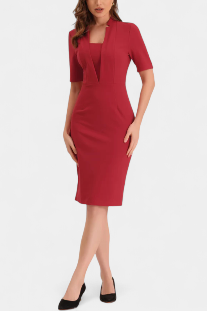 Raphaëlle Elegant V-Neck Pencil Dress with Short Sleeves