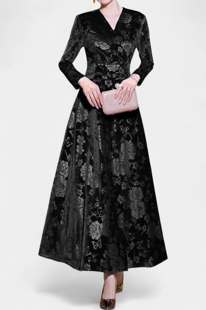 Ombeline V-Neck Long Velvet Dress with Textured Floral Design