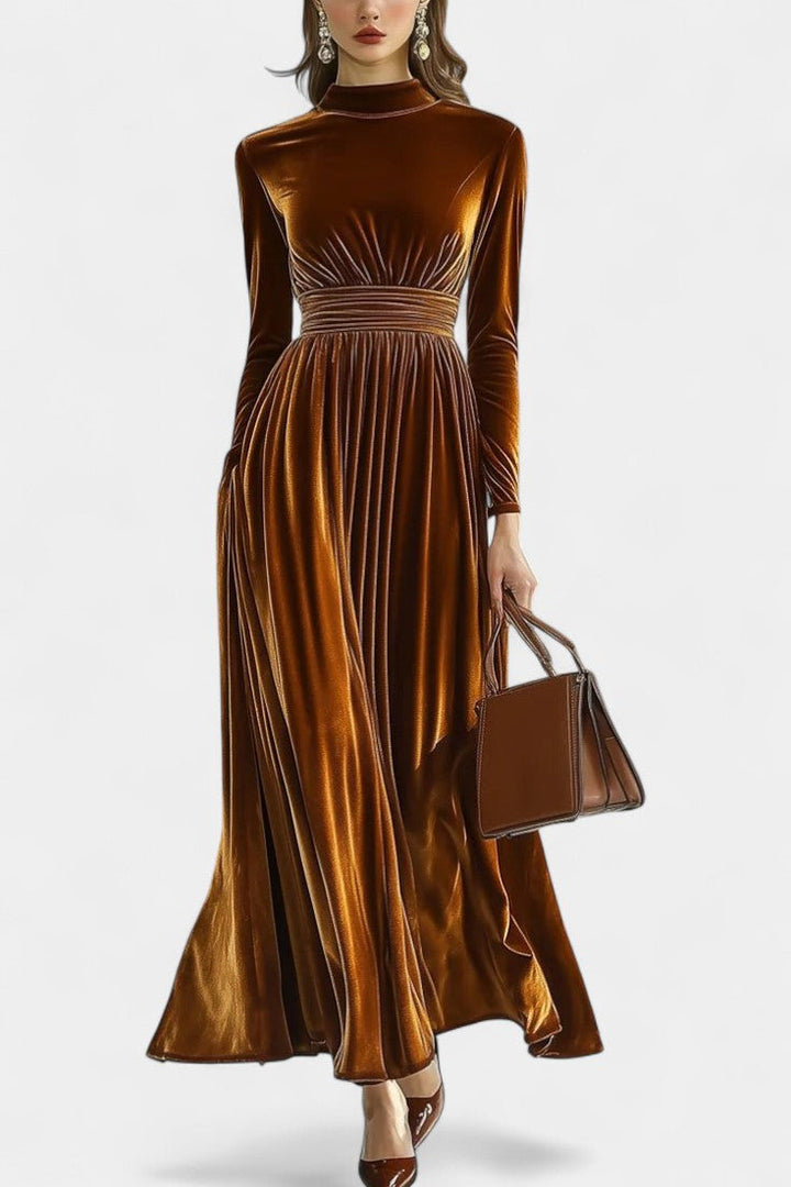 Doryane High-Collar Velvet Maxi Dress with Long Sleeves